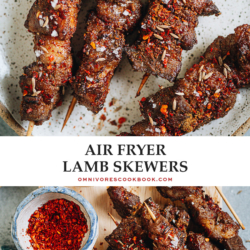 Make authentic Chinese lamb skewers using an air fryer to create perfectly charred lamb pieces that are juicy and seasoned with a bold savory spice mix. The dish takes no time to put together and it’s so fun to eat either as an appetizer, a snack, or a part of the main course of your grilling party! {Gluten-Free adaptable}