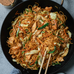 Make the best tasting chicken chow mein that is even better than Chinese restaurant takeout using fresh ingredients and a rich sauce! This one-pan dinner is loaded with tender juicy chicken, crunch colorful veggies, and springy noodles and brought together with an extra fragrant brown sauce.