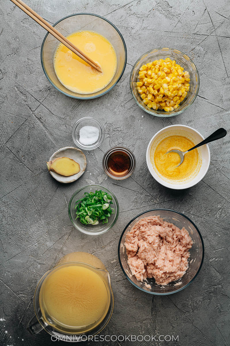 Ingredients for making Chinese corn soup with chicken