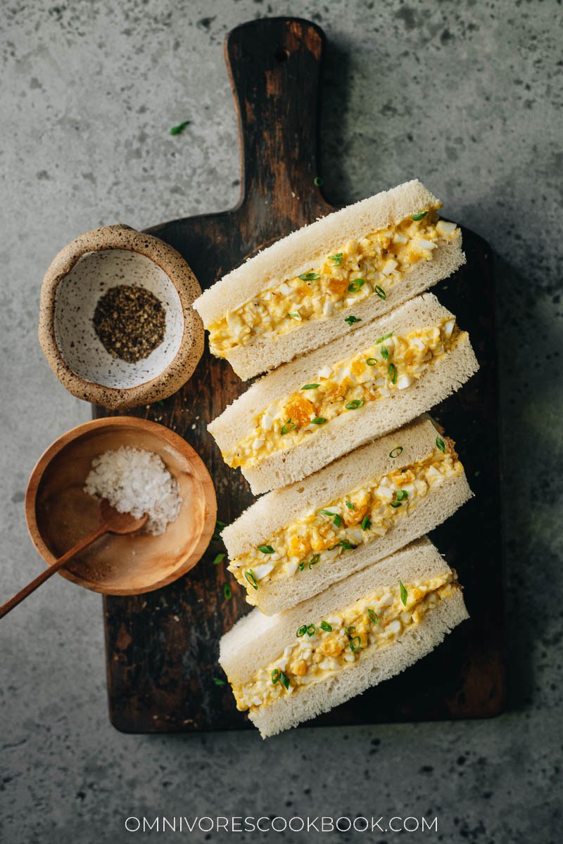 Japanese egg sandwiches served on a cutting board
