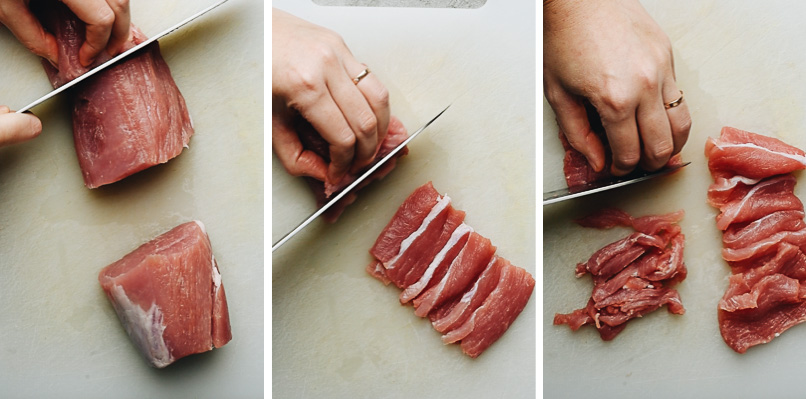 How to cut pork for making Jing Jiang Rou Si 