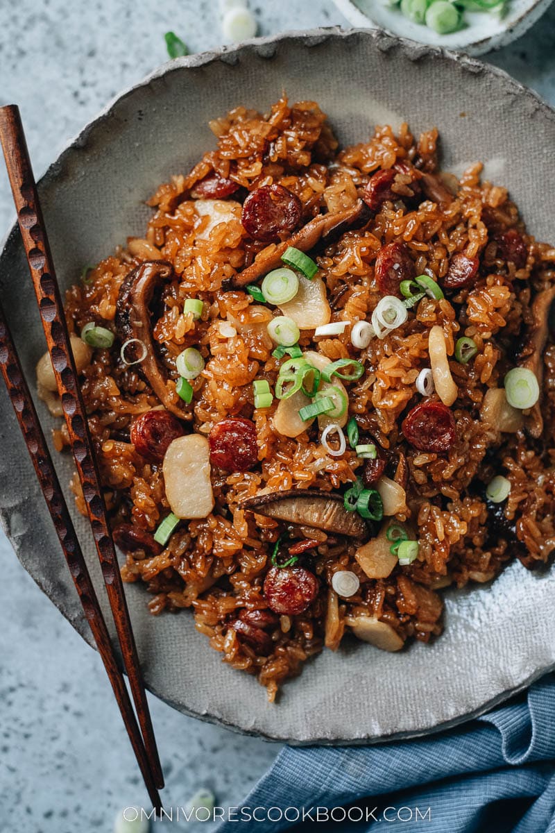 Rice Cooker Recipe: Chinese Sausage Over Rice - Onolicious Hawaiʻi