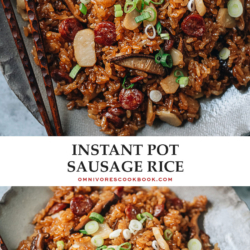 Chinese sausage rice (腊肠饭) made easy using the Instant Pot. No rice soaking required, minimal active cooking time, and perfect results. The rich and savory sticky rice is seasoned with soy sauce and mixed with sweet Chinese sausage and crunchy water chestnuts. It’s an ideal one-pot weekday dinner!