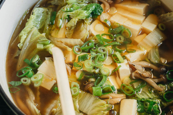 Napa cabbage tofu soup close up