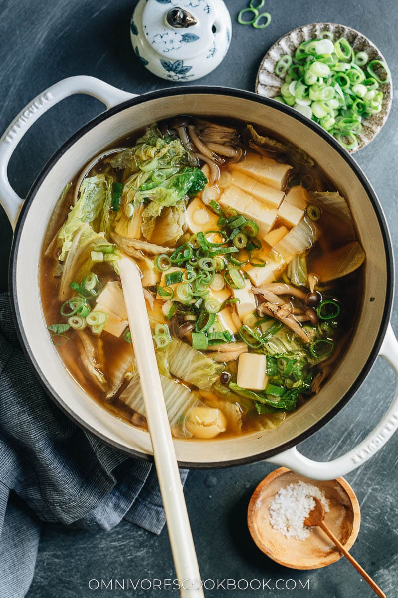 Napa cabbage tofu soup in a pot