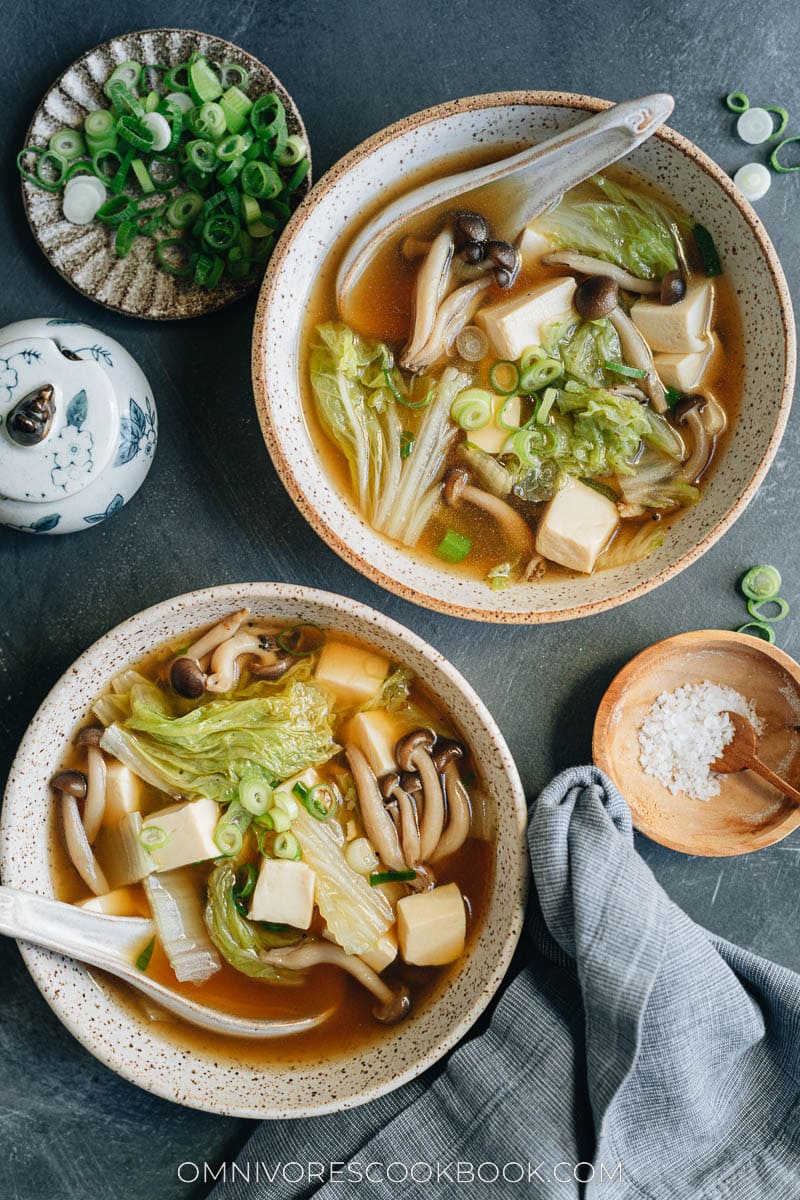 Napa cabbage tofu soup served in bowls