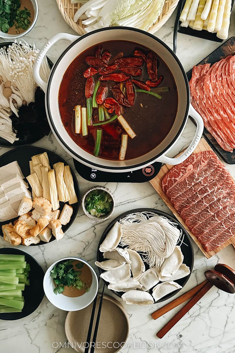 Hot pot spread with spicy pot