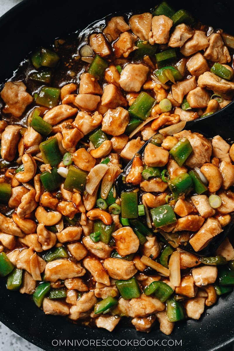 Restaurant style cashew chicken in a pan