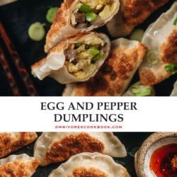Egg and pepper dumplings feature soft scrambled eggs, browned mushroom bits, and bright green pepper stuffed into crispy wrappers. These dumplings are easy to make and so fun to eat. You can serve them as a vegetarian main dish, a fun appetizer for your dinner party, or as part of your Chinese New Year spread. {Vegetarian}