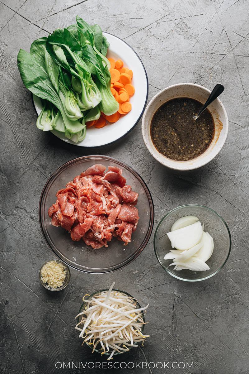 Ingredients for making pork chop suey