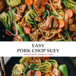 This easy pork chop suey recipe guarantees tender juicy pork slices and crisp crunchy vegetables covered with a rich brown sauce that is well balanced. It is a perfect dish to use up your vegetable scraps from the fridge and make an inexpensive and delicious meal in under 30 minutes. {Gluten-Free Adaptable}