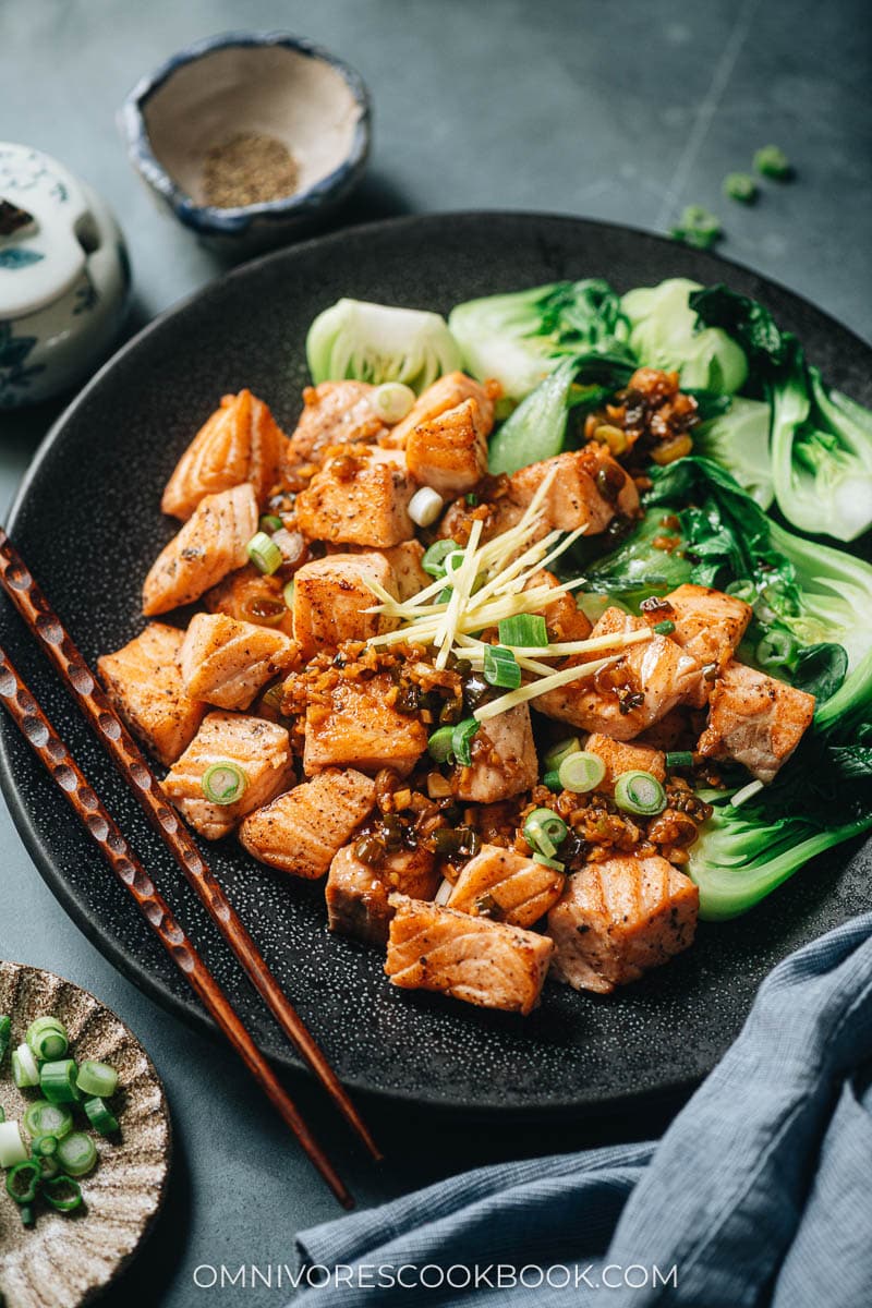 Pan fried salmon served with baby bok choy