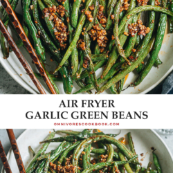 This air fryer garlic green beans recipe features blistered green beans cooked with a bold and savory garlic sauce. It uses less than 5 ingredients and takes less than 10 minutes to put together, so it’s a perfect quick side dish for your dinner. {Vegan, Gluten-Free Adaptable}