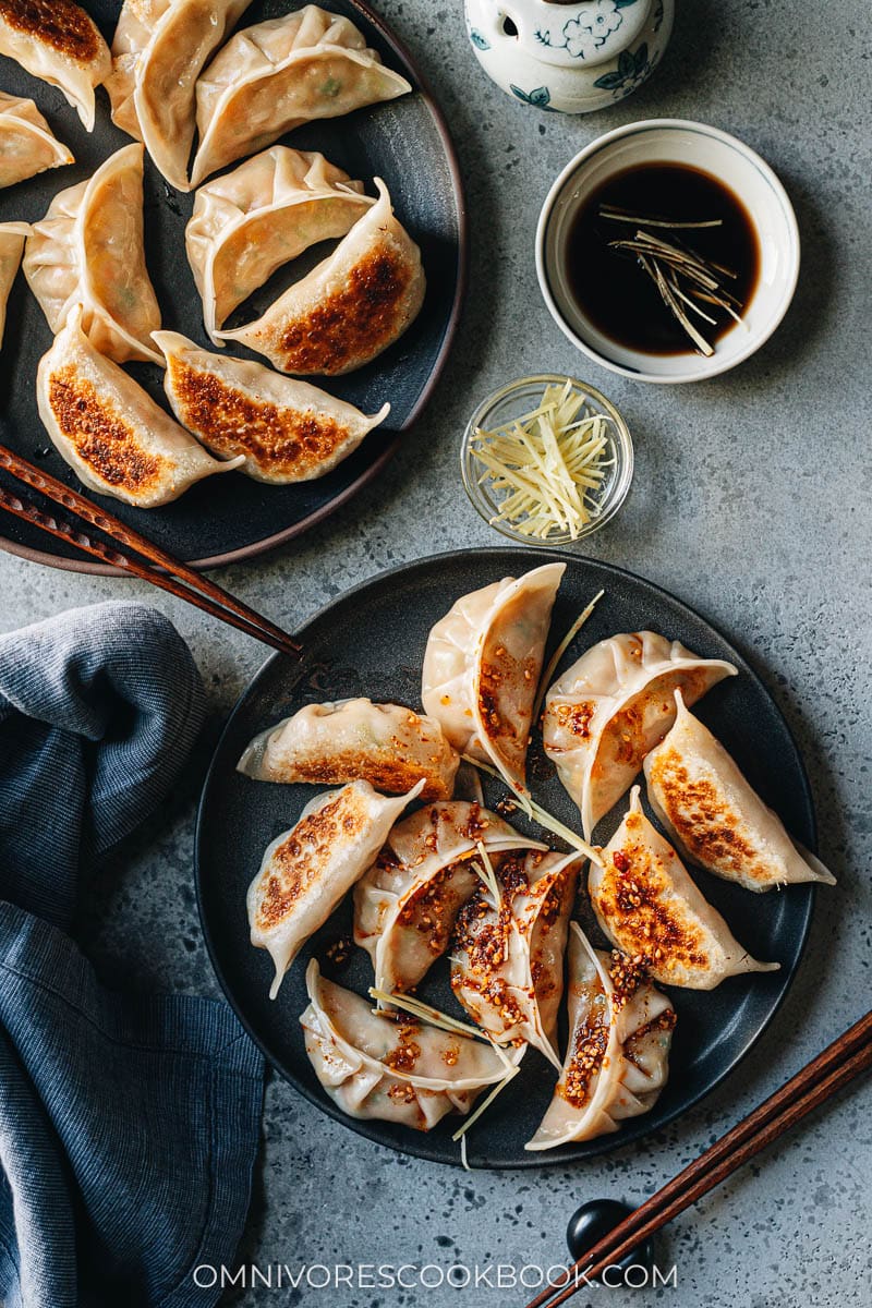 Homemade pan fried Chinese chicken dumplings with dipping sauce