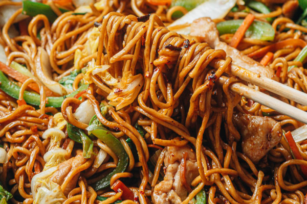 Homemade Chinese fried noodles close up