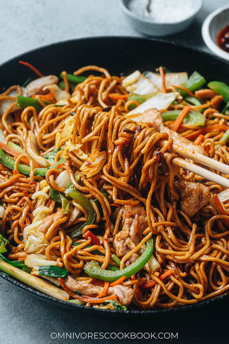 Homemade Chinese fried noodles close up