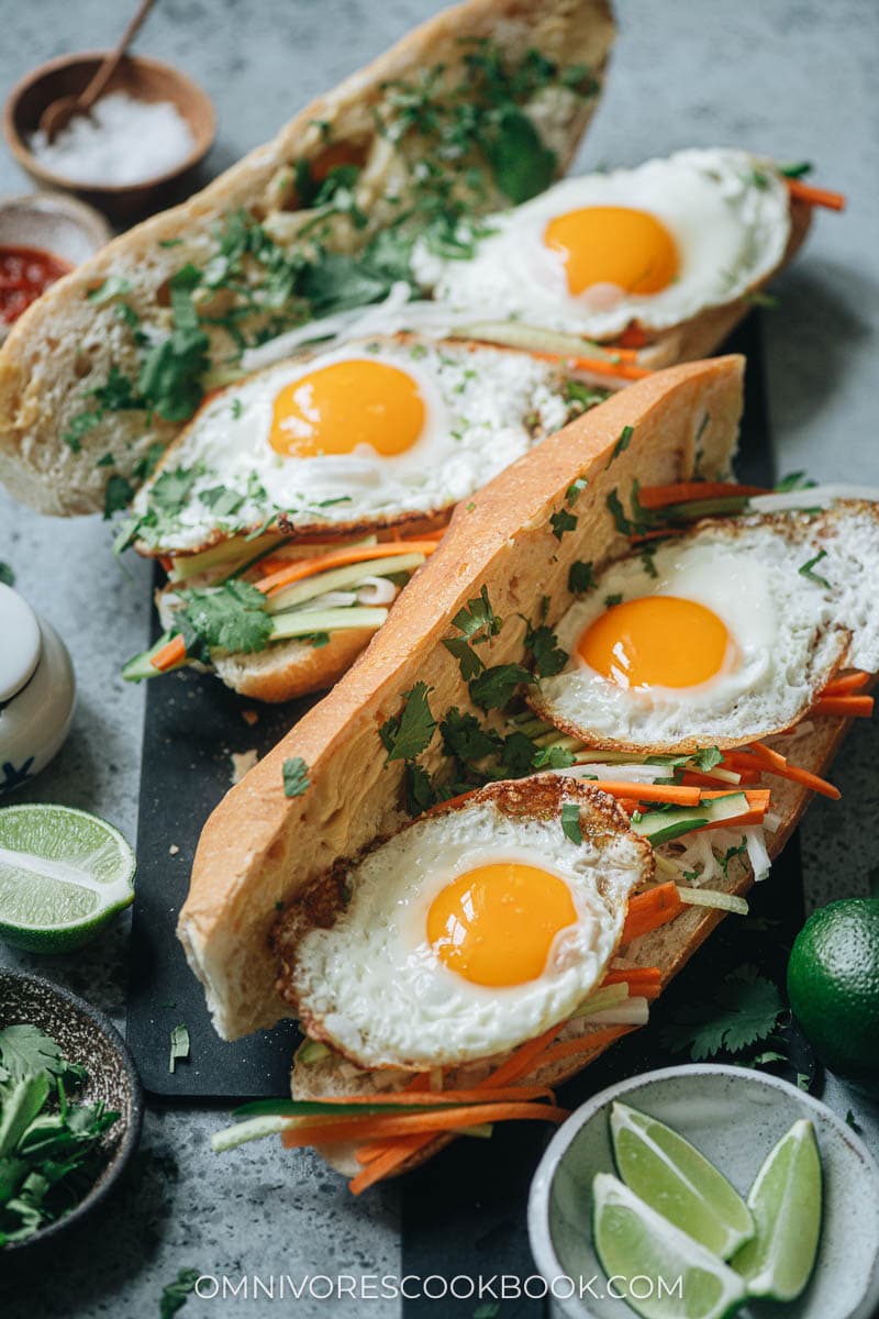 Homemade egg banh mi with pickles and cilantro