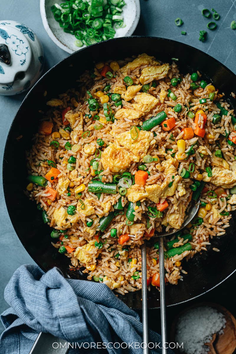 Homemade vegetable fried rice in a pan