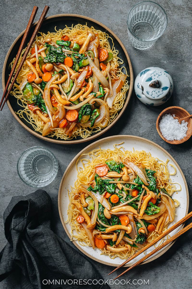 Homemade vegetable pan fried noodles served in plates