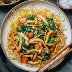 These Vegetable pan fried noodles are a perfect one-bowl weeknight dinner! The crispy noodles are covered with colorful vegetables that come in all textures and a rich savory sauce. {Vegetarian, Vegan}