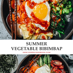 Summer vegetable bibimbap is loaded with colorful and bright seasonal vegetables and sunnyside egg, and brought together with a spicy sweet chili sauce. {Vegetarian, Gluten-Free Adaptable}