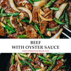 Beef with oyster sauce features extra tender and juicy beef stir fried with crisp asparagus brought together with a savory and sweet brown sauce. It is a quick and healthy dish to make for your weekday dinner! {Gluten-Free Adaptable}