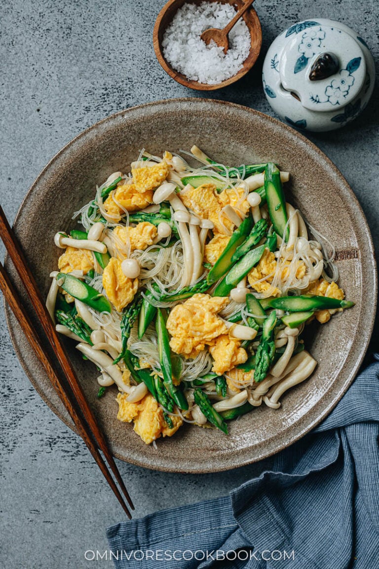 Asparagus Salad with Mushroom, Eggs, and Glass Noodles Omnivore's