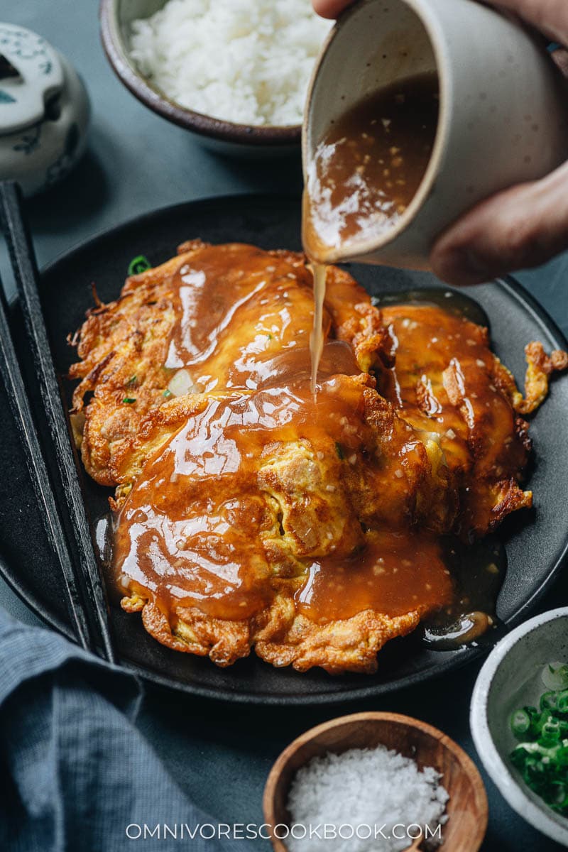Drizzle gravy over chicken egg foo young
