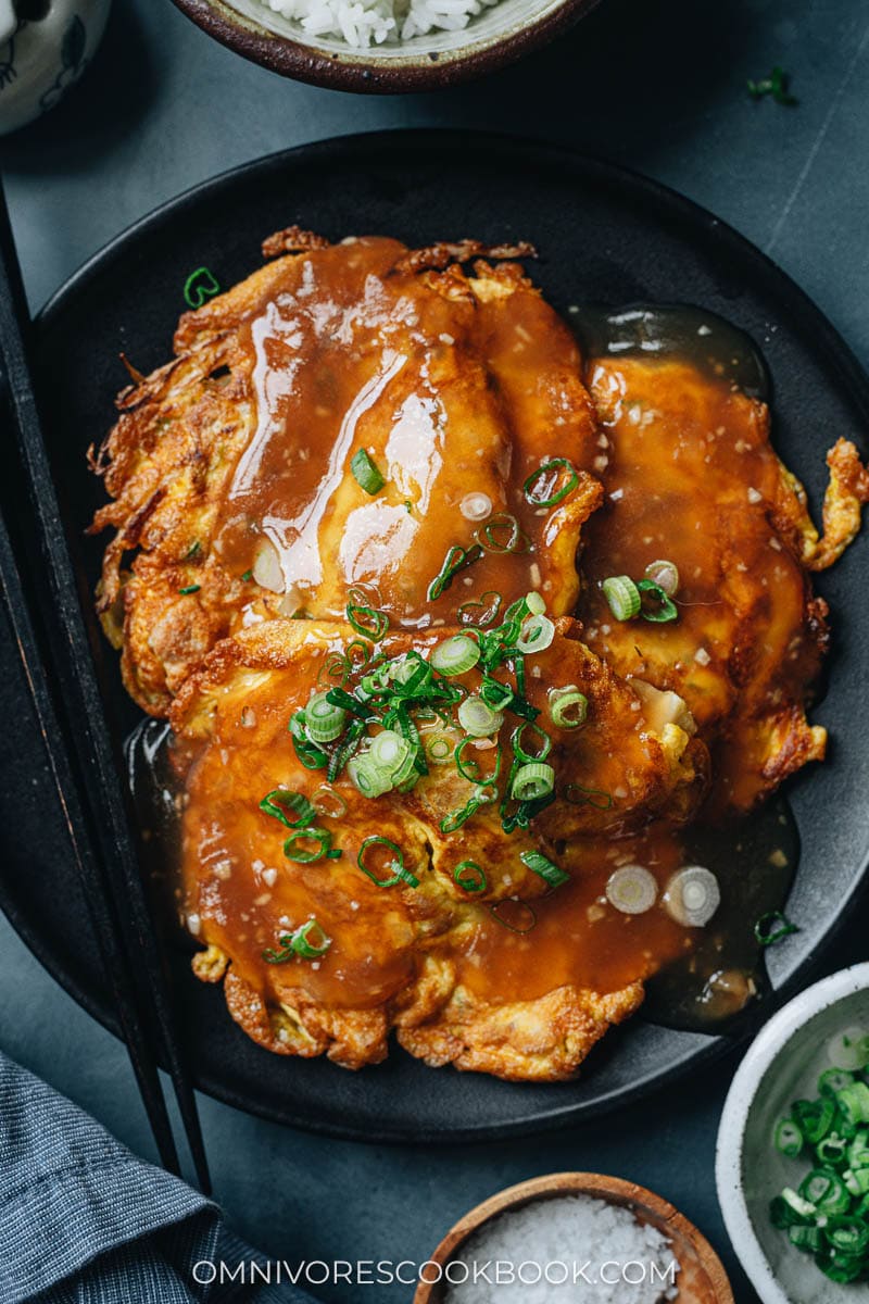 Chicken egg foo young close up
