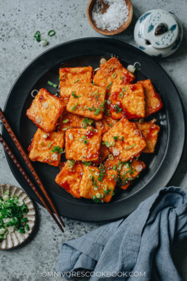 Chinese pan fried tofu with sweet and sour sauce
