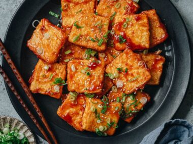 Chinese pan fried tofu with sweet and sour sauce