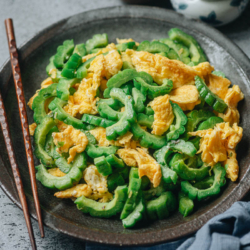 Stir fried bitter melon with eggs requires only five ingredients and a few minutes to put together. It’s a comforting dish that’s full of nutrition and a great way to add a side dish to complete your meal. {Vegetarian, Gluten-Free}