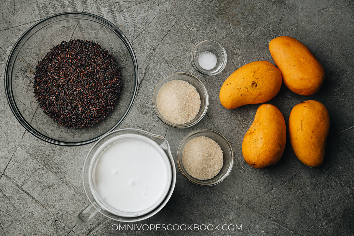 Ingredients for making black rice pudding