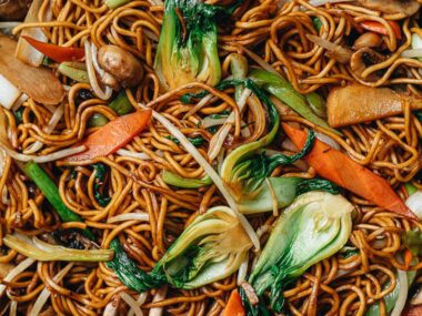 Homemade vegetarian chow mein close up