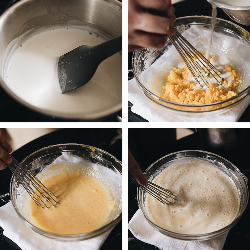 Custard filling process step-by-step - tempering the eggs