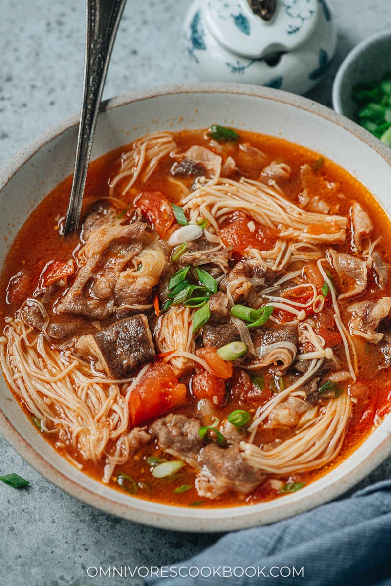 Chinese tomato beef soup in a bowl