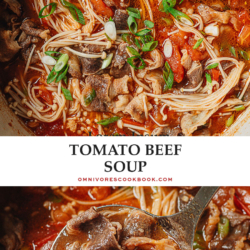 This Chinese tomato beef soup features a sweet and tart tomato broth with tender thin sliced beef and mushrooms. Serve it over rice or noodles, it is the perfect one-pot meal to keep you warm during the colder months. {Gluten-Free Adaptable}
