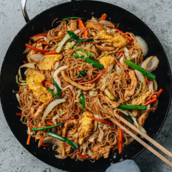 Chicken mei fun features juicy chicken, tender eggs, and crunchy vegetables stir fried with rice noodles in a rich savory sauce. It’s a colorful and delicious one-pot meal that you can whip up on any night of the week. {Gluten-Free adaptable}