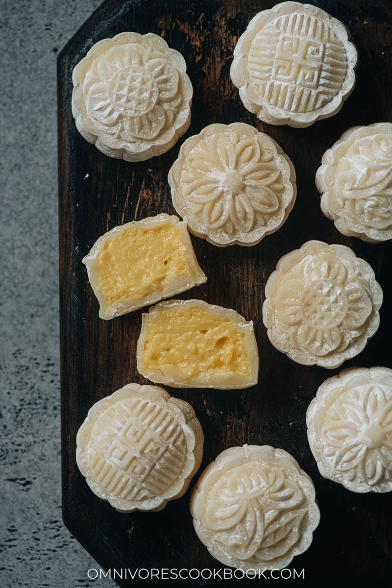 Snow skin mooncake with custard sliced open close up