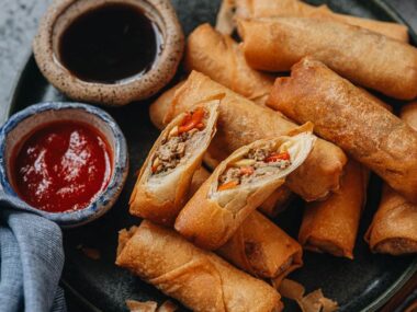 Cantonese style chicken egg rolls close up