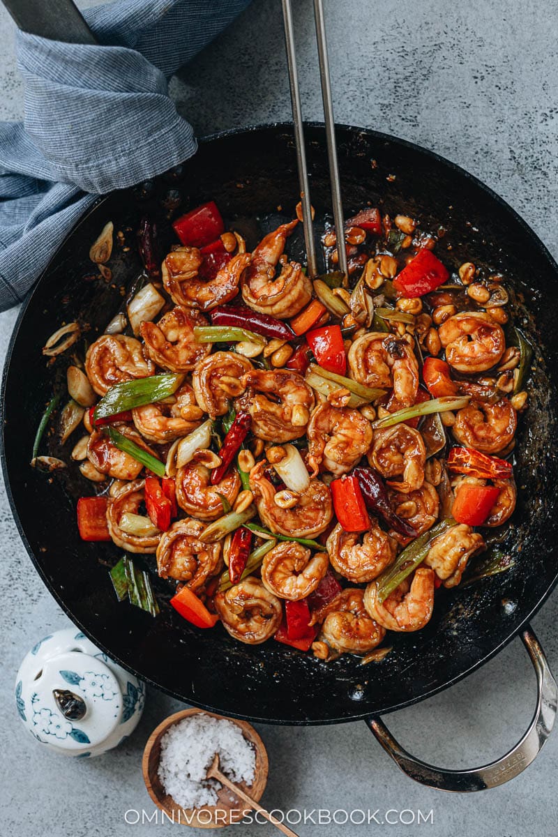 Kung pao shrimp in a pan