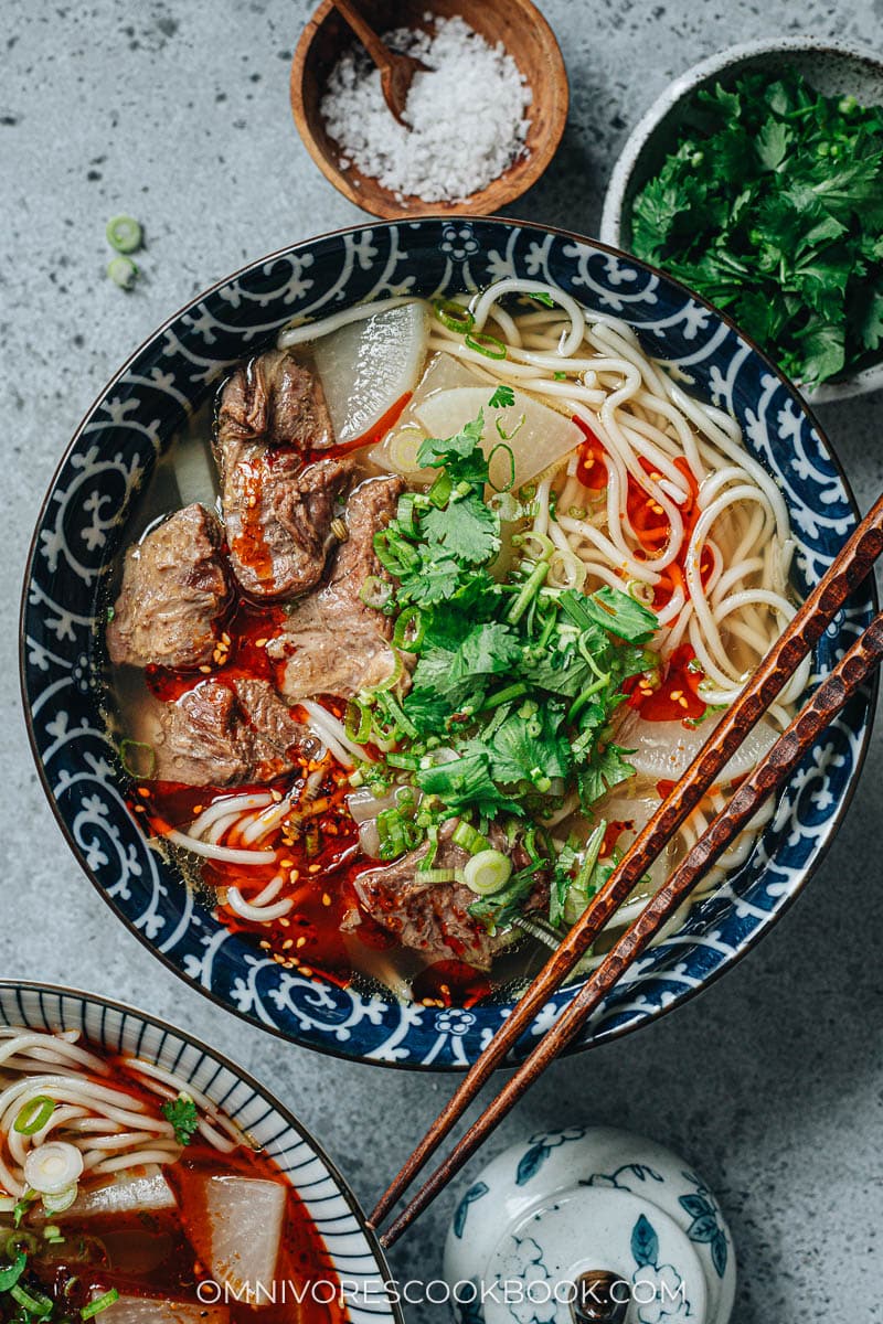 Lanzhou beef noodle soup with chili oil and radish