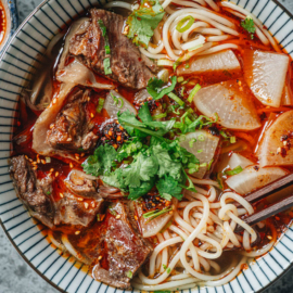 Lanzhou beef noodle soup close up