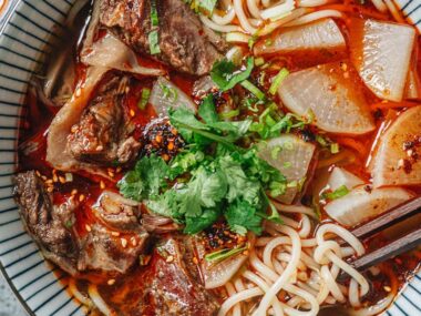 Lanzhou beef noodle soup close up