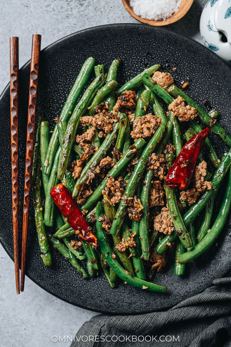 Sichuan dry fried green beans in a plate
