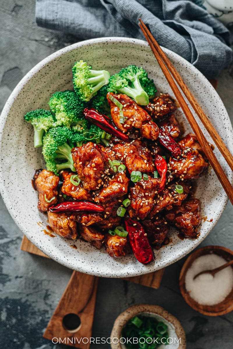 Homemade General Tso’s Chicken served with broccoli