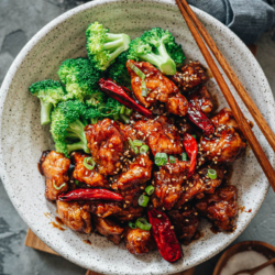 An easy General Tso's chicken recipe that yields crispy chicken without deep-frying, served with a sticky, tangy, and sweet sauce. It also uses much less sugar while maintaining a great bold taste. Once you’ve tried it, you’ll skip takeout next time because it’s so easy to make in your own kitchen and the result is just as good. {Gluten-Free Adaptable}
