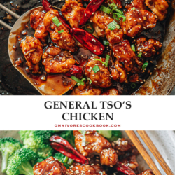 An easy General Tso's chicken recipe that yields crispy chicken without deep-frying, served with a sticky, tangy, and sweet sauce. It also uses much less sugar while maintaining a great bold taste. Once you’ve tried it, you’ll skip takeout next time because it’s so easy to make in your own kitchen and the result is just as good. {Gluten-Free Adaptable}