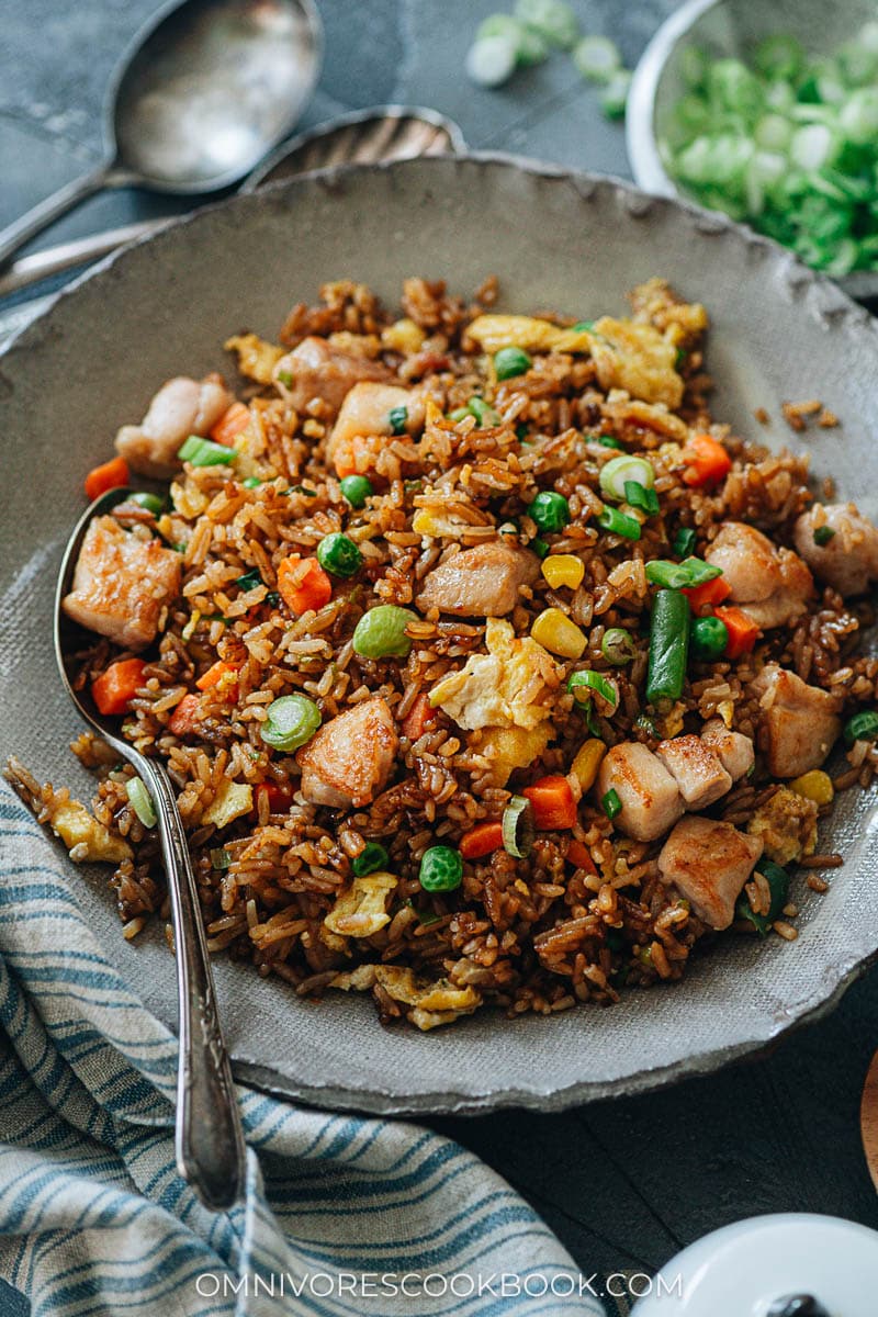 Takeout-style fried rice with chicken and veggies