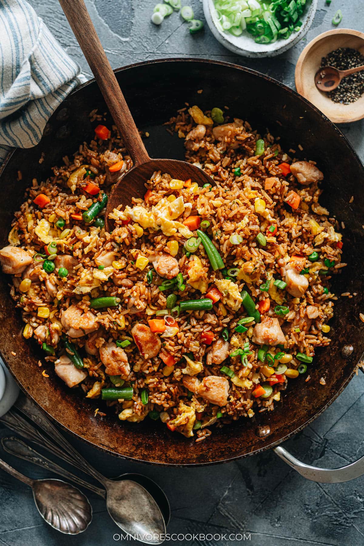 Chicken fried rice in a pan